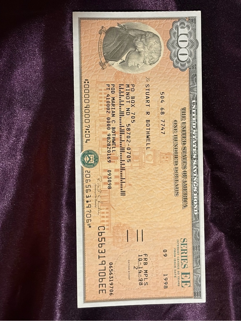 Unredeemed Vintage $100 U.S. Savings Bond. Matures 09/2028
